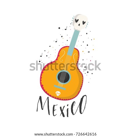 Vector hand drawn illustration of Mexican holiday "Day of the Dead". The postcard with Mexican guitar