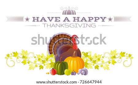 Autumn pumpkin turkey greeting card. Harvest festival poster. Fall party invitation border. Happy Thanksgiving day - american traditional family holiday, white background isolated, vector illustration