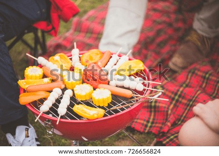 Group of man and woman enjoy camping picnic and barbecue at lake with tents in background. Young mixed race Asian woman and man. Vintage effect style pictures.