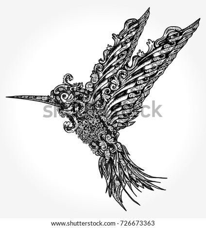 Humming bird tattoo and t-shirt design. Symbol of freedom, dream, travel, imagination. Beautiful flying bird in ethnic style 