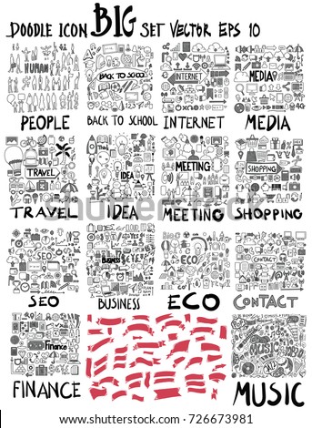 MEGA set of doodles. Super collection of people ,Business and finance, Social media shopping elements, Info, Internet, Creative, Travel, Banner ribbon, Music, Meeting, Contact, Eco universal set Royalty-Free Stock Photo #726673981