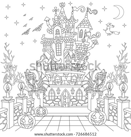 Halloween coloring page. Spooky castle, halloween pumpkins, flying bats, witch, gothic statues of dragons, moon, stars. Freehand sketch drawing for adult antistress coloring book in zentangle style.