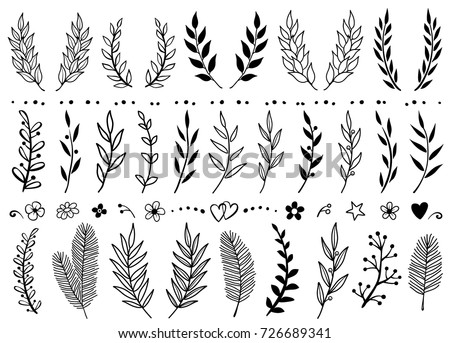 Set of hand draw tree branches, flowers, design and floral elements, wreathes, borders, dividers for greeting card, posters, invitations Royalty-Free Stock Photo #726689341