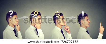 Emotional intelligence. Side view sequence of a young business man thinking, finding solution to a problem with gear mechanism, question, exclamation, light bulb symbols. Royalty-Free Stock Photo #726709162