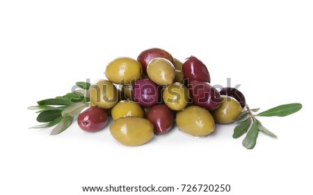 Tasty canned olives on white background