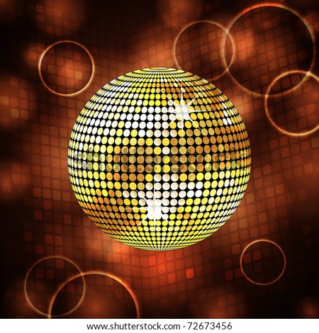 Sparkling gold disco ball on a mosaic background with lens flares