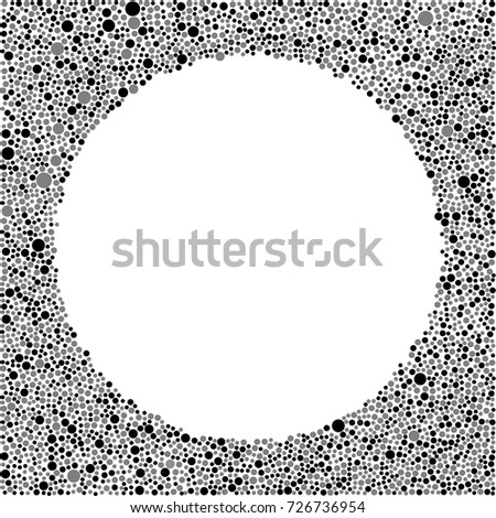 Vector background with random small black polka dots, points, circles, halftone. Abstract pattern for background, banner, card. Dotted template. Frame circle banner with randomly disposed spots.