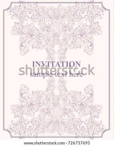 Luxury invitation card Vector. Royal victorian pattern ornament. Rich rococo backgrounds. Pale lavender colors