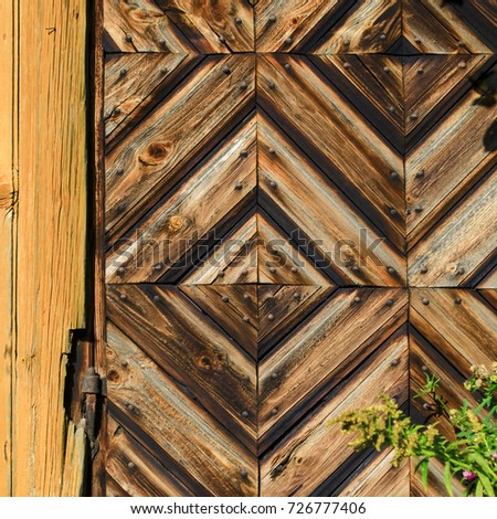Closeup fragment of a beautiful antique door with a loop. Old textured antique doors. A carved tree. Vintage background.