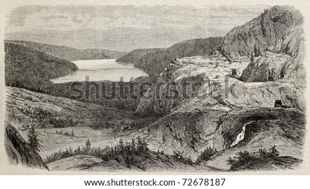 Antique illustration of Donner lake, northeast California. Original, created by Blanchard,  was published on L'Illustration, Journal Universel, Paris, 1868
