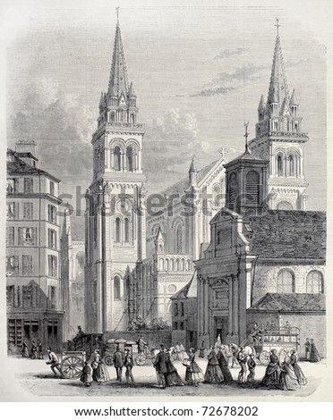 Antique illustration of old and new Saint Ambroise church. Original, created by Fichot and Cosson-Smeeton, was published on L'Illustration, Journal Universel, Paris, 1868