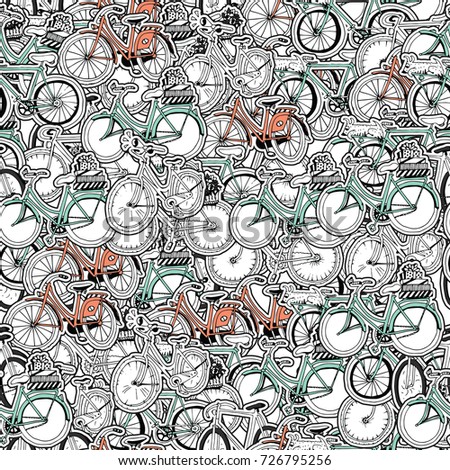 Seamless Retro Bicycle Pattern. Collage of Hand Drawn Stickers with Different Bicycles.