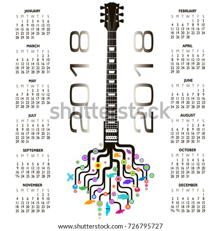 2018 Calendar with a whimsical guitar background 