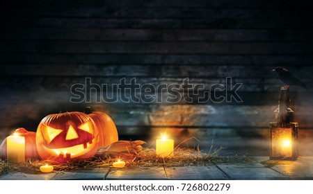 Spooky halloween pumpkins on wooden planks in dark cellar. Celebration theme, copyspace for text. Very high resolution image
