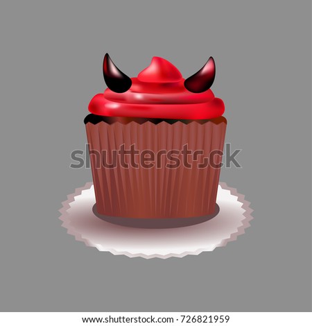 Halloween muffin with devil hat isolated on gray background. Autumn  holiday concept creative illustration