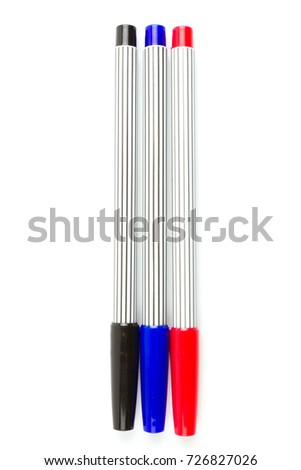 Three color chemical or markers pen blue, red, black removable cap isolated on white background.