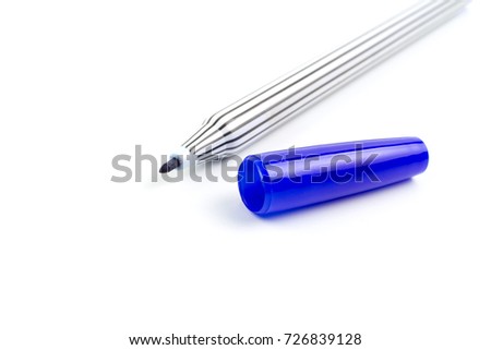 Blue chemical or markers pen  removable cap and striped on the handle isolated on white background.