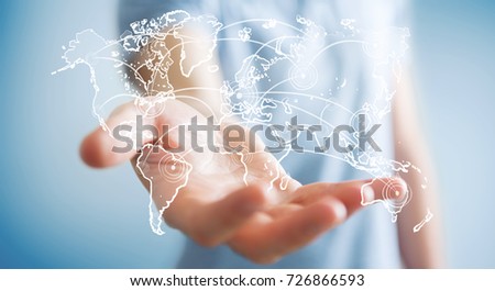 Businessman on blurred background holding world connection sketch
