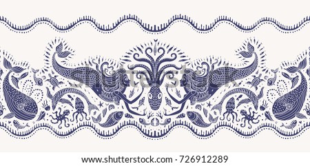 Vector seamless pattern. Fantasy mermaid, octopus, fish, sea animals dark indigo blue silhouette with ornaments on a beige background. Batik border, wallpaper fringe, textile print, wrapping paper Royalty-Free Stock Photo #726912289
