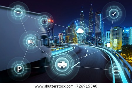 Morden city and smart transportation and intelligent communication network of things ,wireless connection technologies for business . Royalty-Free Stock Photo #726915340