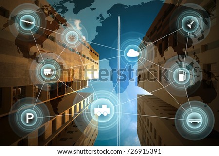 Morden city and smart transportation and intelligent communication network of things ,wireless connection technologies for business . Royalty-Free Stock Photo #726915391