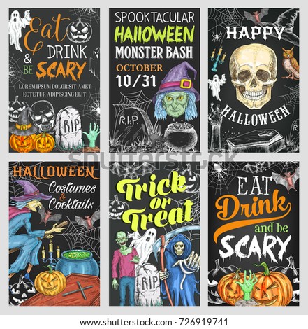 Halloween holiday trick or treat party chalkboard banner. Scary ghost, skull and Halloween pumpkin lantern, bat, spider and horror witch, skeleton, zombie and cemetery grave sketch poster design