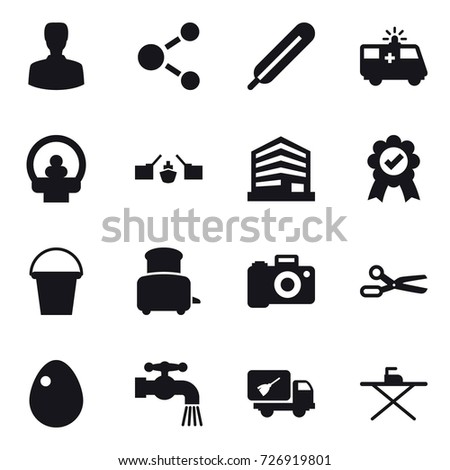 16 vector icon set : man, molecule, drawbridge, bucket, toaster, scissors, egg, water tap, home call cleaning, iron board