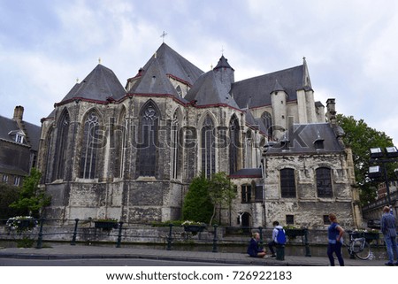 Closeup of Saint Michael's Church, gothic style , very olden monastery history in Ghent, Belgium.