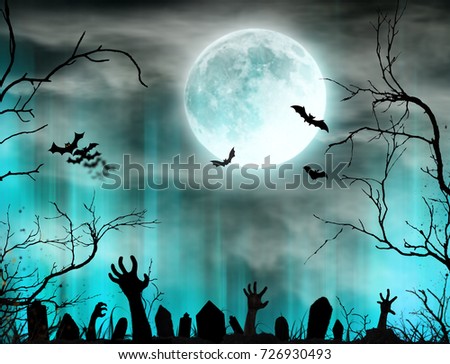Spooky Halloween background with zombie hands. Horror theme.