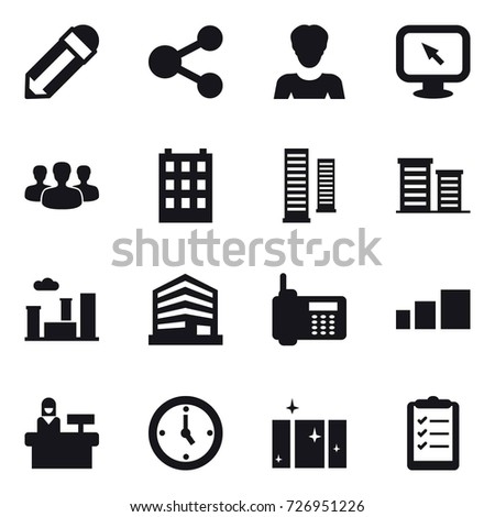 16 vector icon set : pencil, share, woman, monitor arrow, group, building, skyscrapers, district, city, reception, watch, clean  window, clipboard list