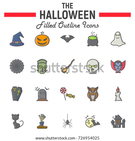 Halloween filled outline icon set, scary symbols collection, horror holiday vector sketches, logo illustrations, party signs colorful line pictograms package isolated on white background, eps 10.