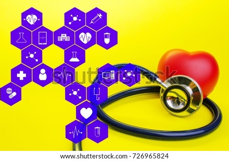 stethoscope and red heart on yellow background with medical icon in hexagon pattern, heart health care, laboratory, science, chemical and medical research concept