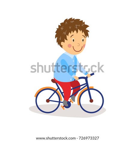 vector flat cartoon style boy riding bicycle smiling. Children activity in kindergarten concept. Isolated illustration on a white background.