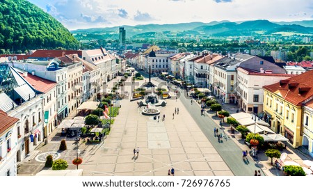 view of main square in Banska Bystrica, Slovakia from above during summer day Royalty-Free Stock Photo #726976765