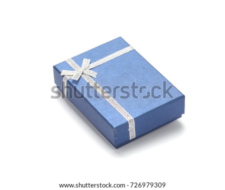 Blue gift box with ribbon isolated on white background.