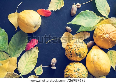 Pumpkins and autumn leaves.