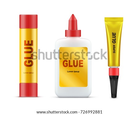 Different types of branded glue tubes with gold label and red cap realistic vector set isolated on white background. Paper glue stick, stationery liquid, product mockup Royalty-Free Stock Photo #726992881