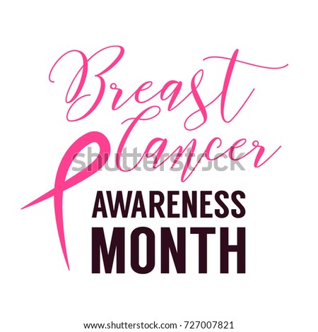 Breast Cancer October Awareness Month lettering on white background with pink ribbon symbol. Women health support typograhpy design