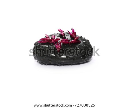 Black spa stones with water drops and flower petals isolated on white background