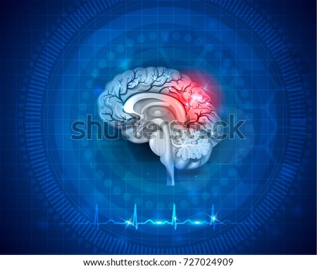 Human brain damage and treatment concept. 3d illustration on an abstract blue background with cardiogram.
