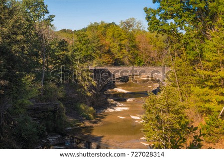 Photo of a stone bridge over a muddy stream in a wooded area.