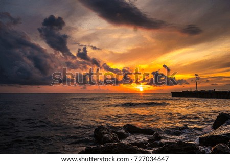 Beautiful sunset Black sea. Gold sea sunset. Poti, Georgia.