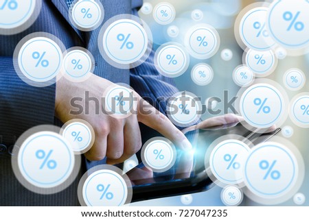 Icons appear percent of the tablet computer. Concept discounts.