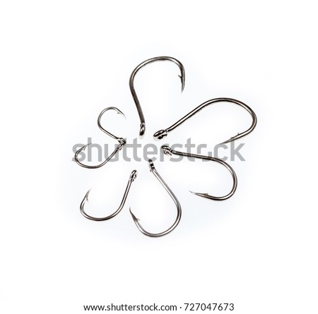 Fishing hooks set. Sharp, treble and worm type, gear for tourism and hobby, device for catching fish. Vector illustration isolated on white background