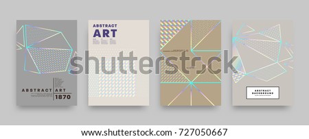 Covers templates set with bauhaus, memphis and hipster style graphic geometric holographic, anaglyph 3d elements. Applicable for placards, brochures, posters, covers and banners. Vector illustrations. Royalty-Free Stock Photo #727050667