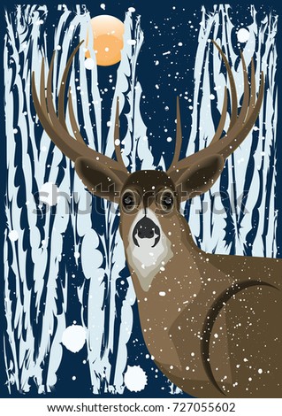 Beautiful deer in the winter forest - night - moon - art creative   illustration  bitmap image