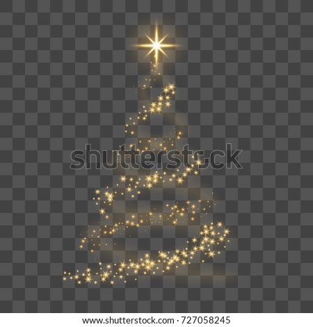 Christmas tree on transparent background. Gold Christmas tree as symbol of Happy New Year, Merry Christmas holiday celebration. Golden light decoration. Bright shiny design Vector illustration
