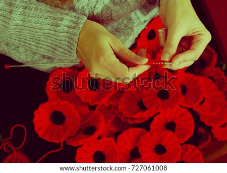 Woman's Hands Knitting Poppies B for Charity, Knitting to Support Remembrance Sunday - Armistice Day (11 November), Shallow Depth of Field Split Toning Haze Photography