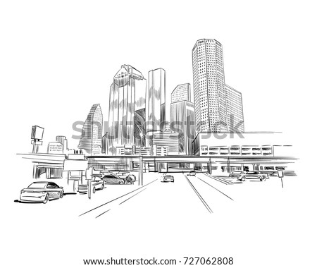 Houston. Texas. USA. Hand drawn.Unusual Street sketch, vector illustration