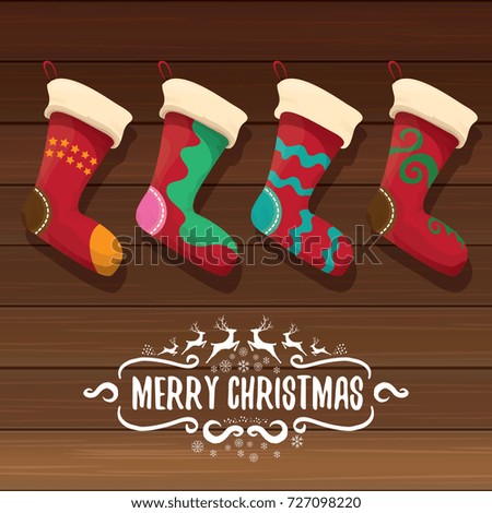 vector cartoon cute christmas stocking or socks with color ornament. Merry Christmas vector greeting card or background with calligraphic text on old vintage wooden background